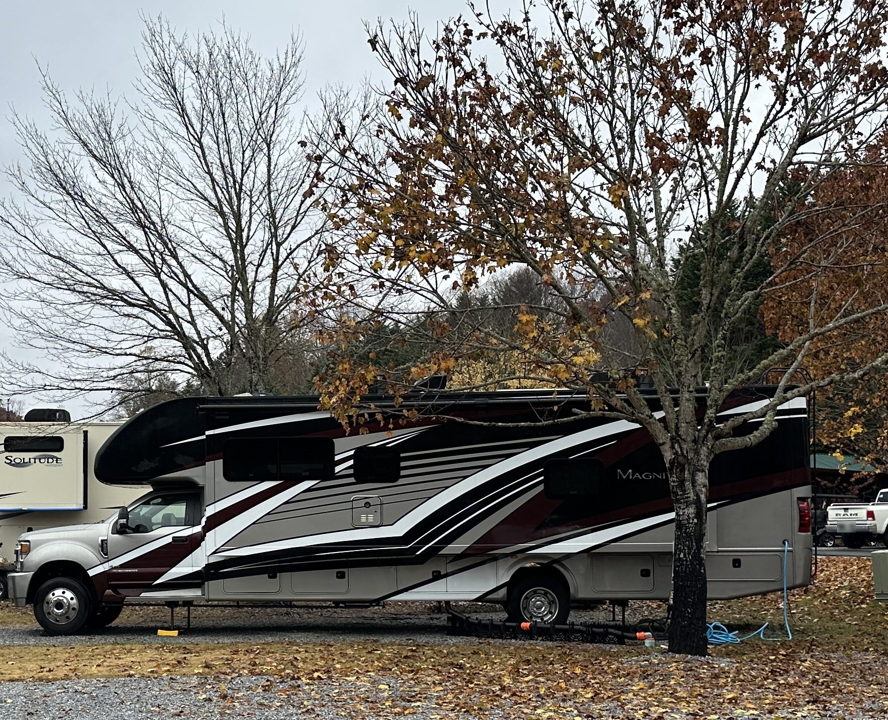 Full side view of the coach under a fall tree
